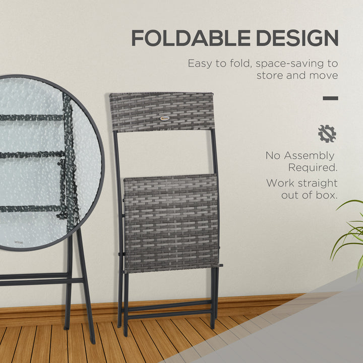 3 Pieces Rattan Bistro Set, Wicker Folding Garden Furniture Set with Glass Top Coffee Table and Chairs for Outdoor, Patio, Balcony, Grey