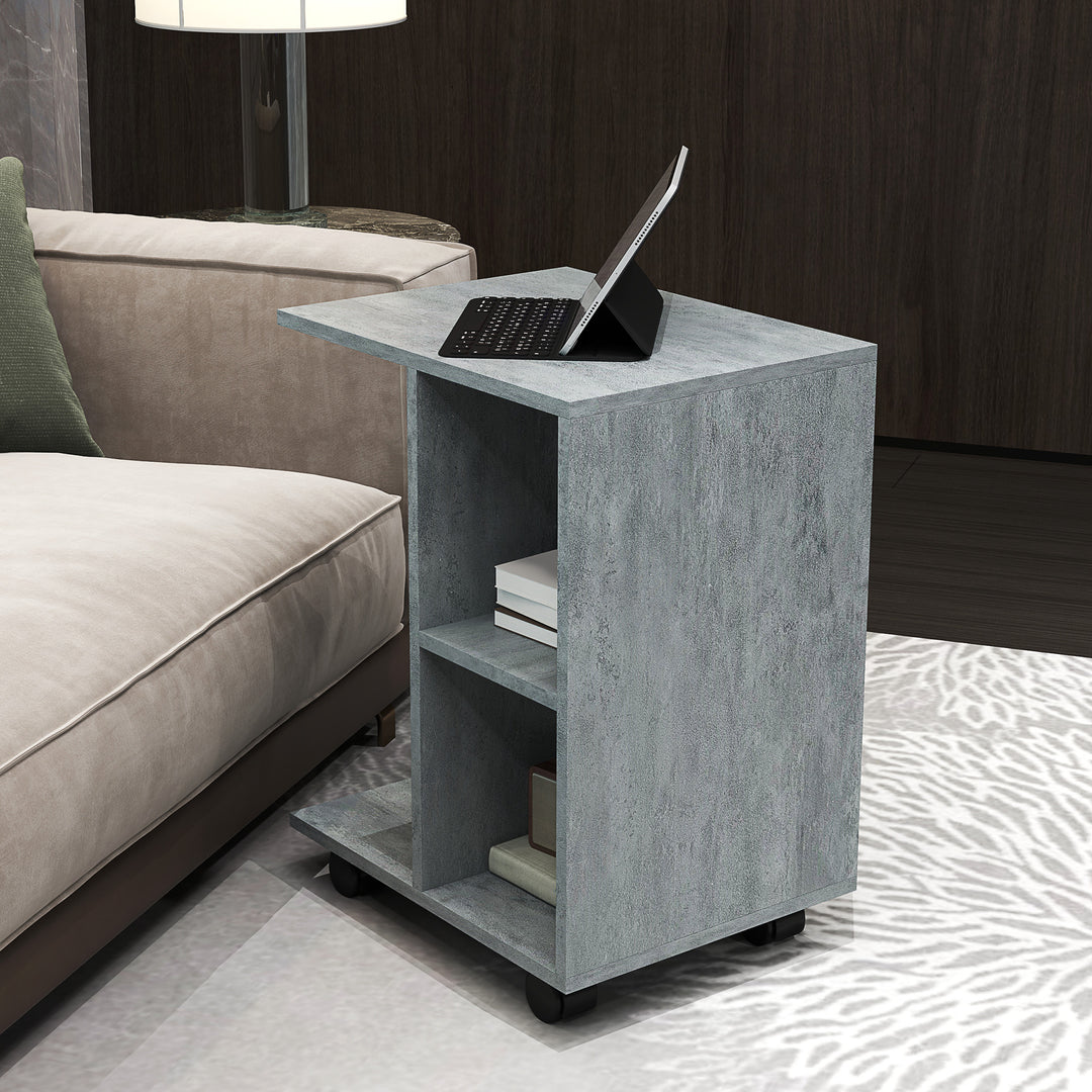 C-Shape End Table Unique Storage Unit w/ 2 Shelves 4 Wheels Freestanding Home Office Furniture Cabinet Square Studio Grey