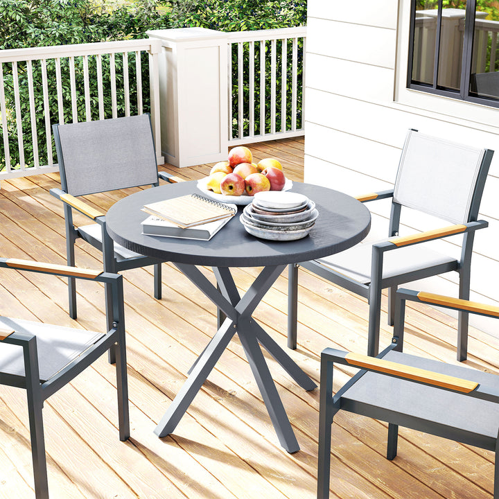 Garden Table, 85cm Round Outdoor Dining Table with Steel Frame, Wood Effect Top, for Balcony, Deck, Dark Grey