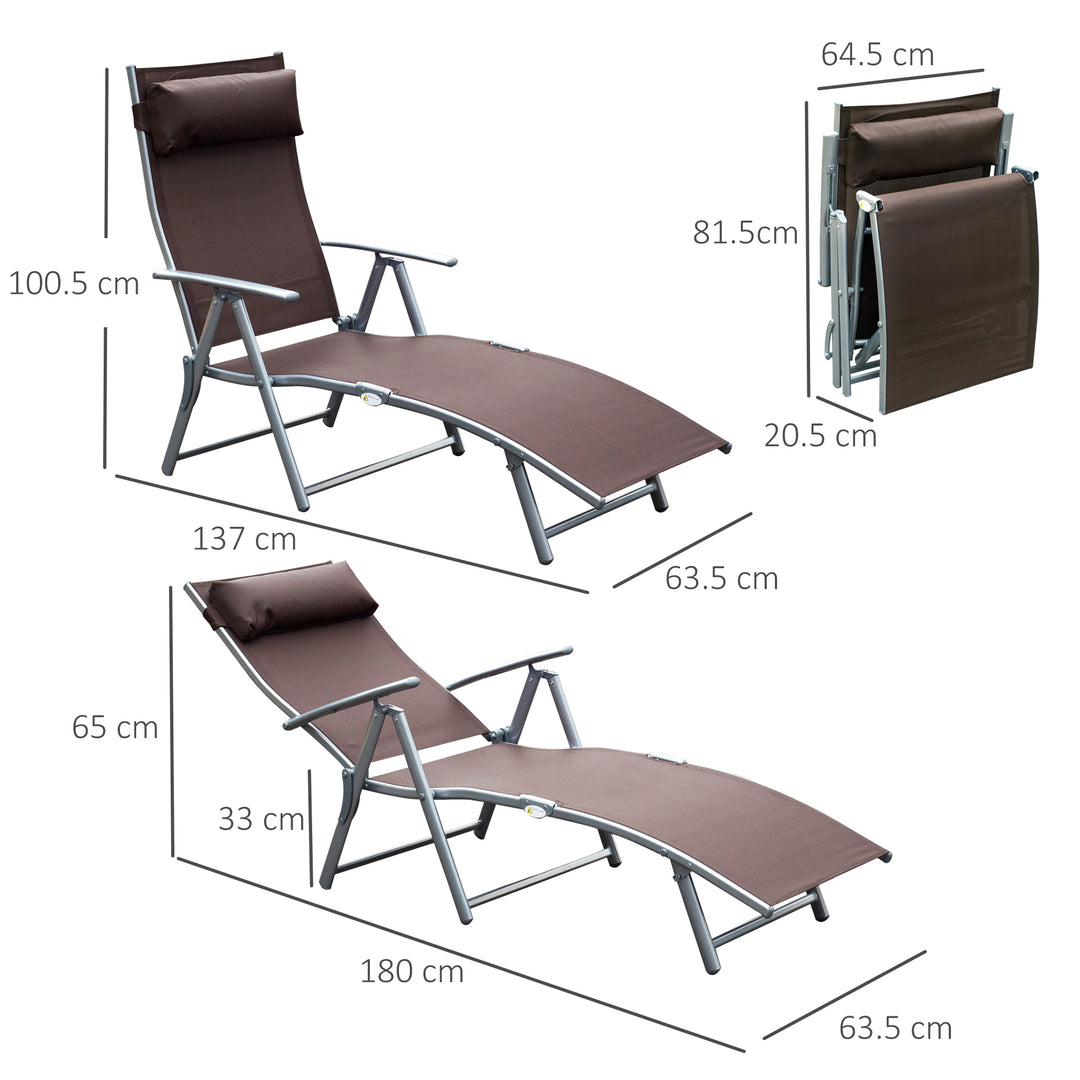 Outsunny Foldable Sun Lounger, Garden Texteline Reclining Chair with Pillow, Adjustable Outdoor Recliner, Brown