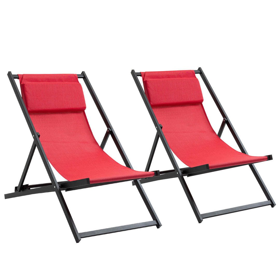 Set of 2 Folding Garden Beach Aluminium Frame Deck Chairs Deckchairs Seaside Folding Garden Patio Lounger, Red