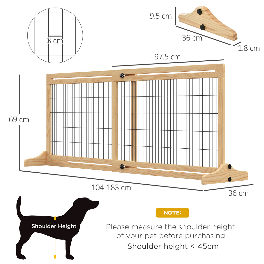 PawHut Adjustable Wooden Pet Gate, Freestanding Dog Barrier Fence with 2 Panels for Doorway, Hallway, 69H x 104