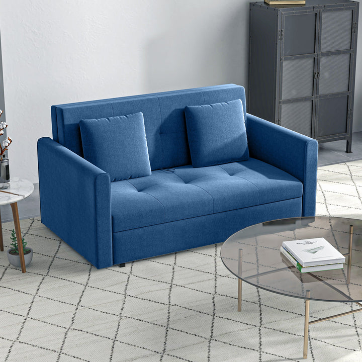 2 Seater Sofa Bed, Convertible Bed Settee, Modern Velvet Loveseat Sofa Couch with 2 Cushions, Hidden Storage for Living Room, Guest Room, Deep Blue