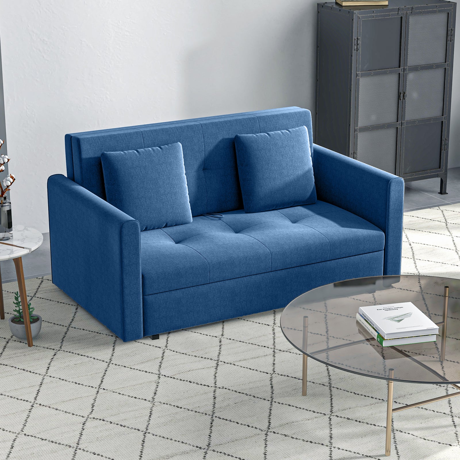 2 Seater Sofa Bed, Convertible Bed Settee, Modern Velvet Loveseat Sofa Couch with 2 Cushions, Hidden Storage for Living Room, Guest Room, Deep Blue