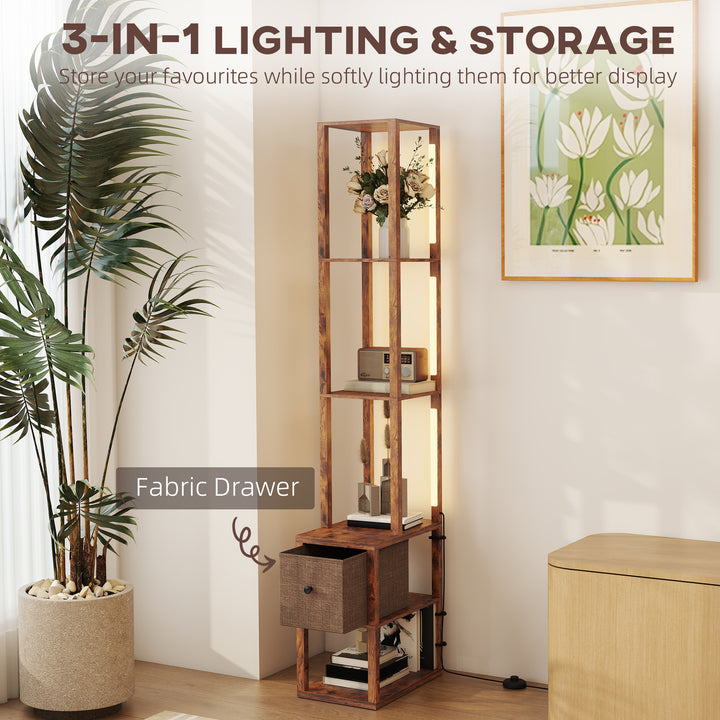 Floor Lamp with Shelves, LED Column Modern Standing Lamp with Fabric Drawer, Adjustable Brightness, Foot Switch for Living Room, Bedroom, Office, Rustic Brown