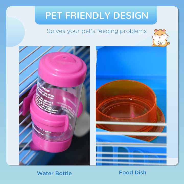 2 Tier Hamster Cage, Gerbil Cage with Handle, Exercise Wheels, Tunnel, Tube, Water Bottle, Dishes, Ladder, for Dwarf, Blue