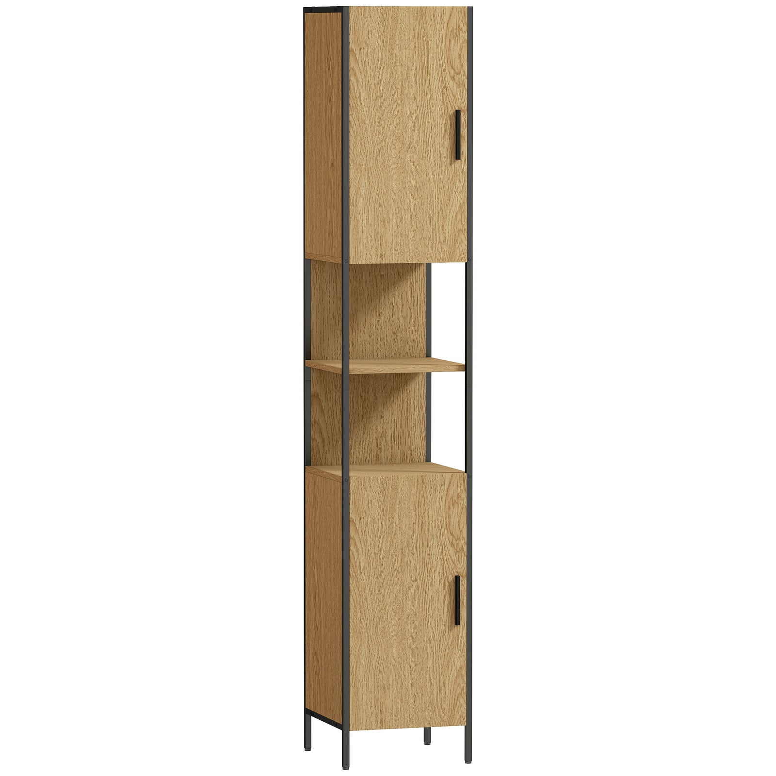 Tall Bathroom Cabinet with 2 Doors, Open Compartments and Adjustable Shelves - Natural Wood Finish