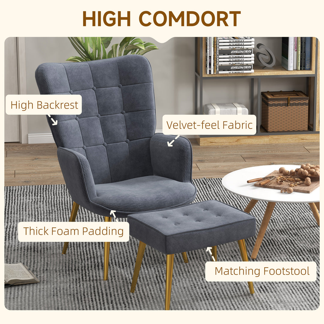 HOMCOM Upholstered Armchair w/ Footstool Set, Modern Button Tufted Accent Chair w/ Steel Legs, Wingback Chair for Living Room, Dark Grey | Aosom UK