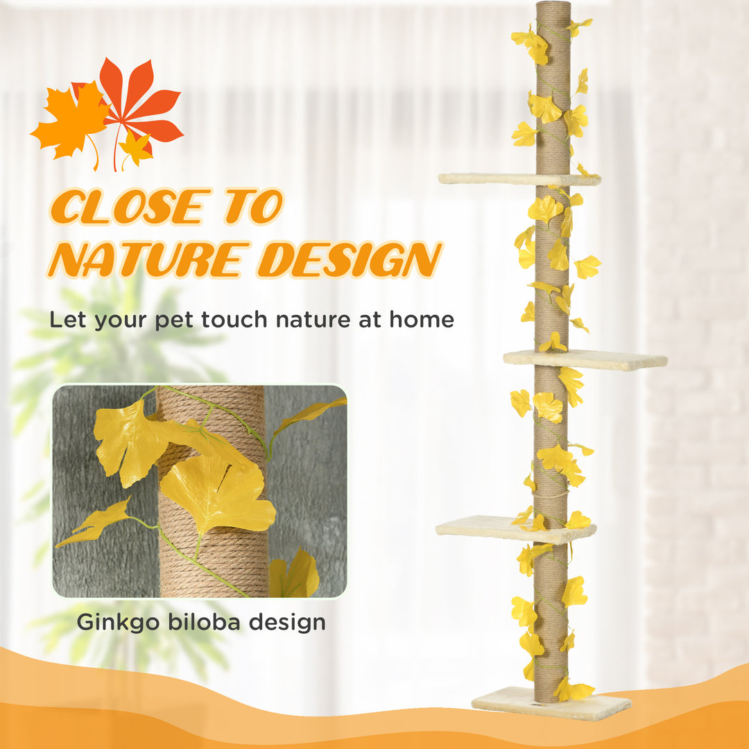 242cm Adjustable Floor-To-Ceiling Cat Tree, with Artificial Decoration, Perches, Anti-Slip Kit - Yellow