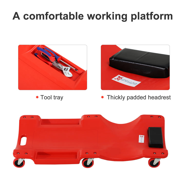 Mechanic Vehicle Creeper, Under-Car Rolling Crawler Board, with Headrest, Wheels, Red