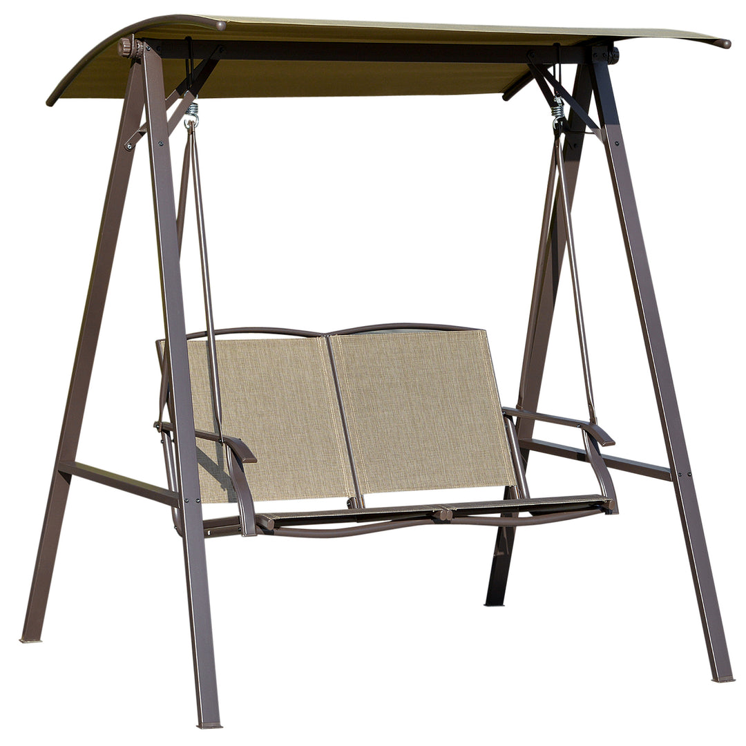2 Seater Garden Swing Seat Swing Chair, Outdoor Canopy Swing Bench with Adjustable Shade, Metal Frame and Texteline Seat, Brown
