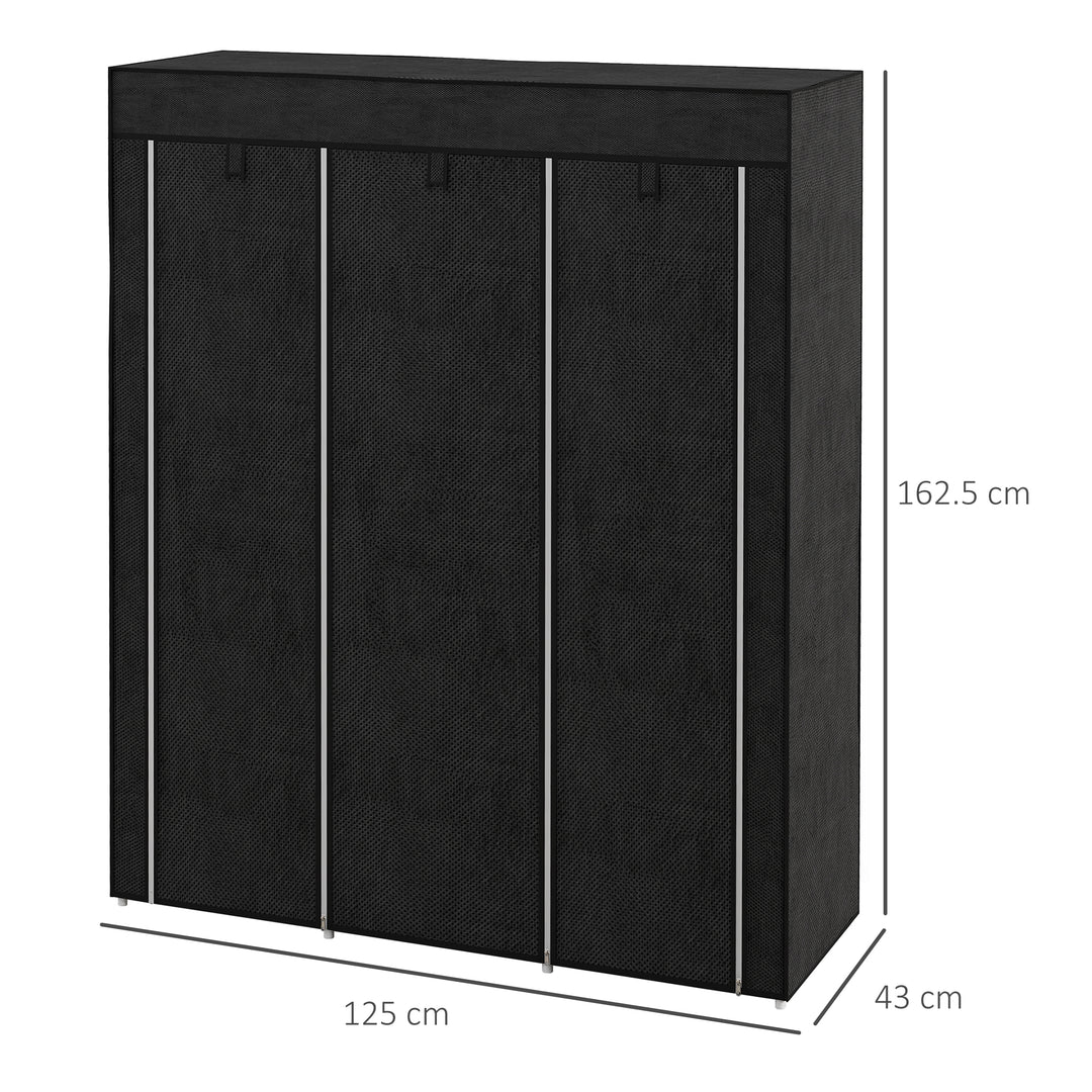 Fabric Wardrobe, with Rails and Shelves - Black