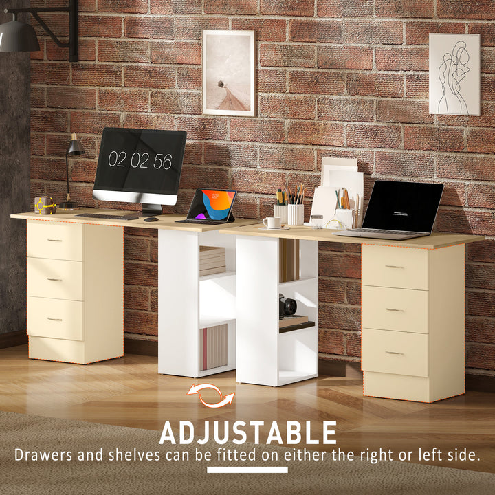 Computer Desk, Writing Table, PC Workstation with 3 Storage Shelves and Drawers, Silver Handle, for Home Office, Natural Wood Finish and White