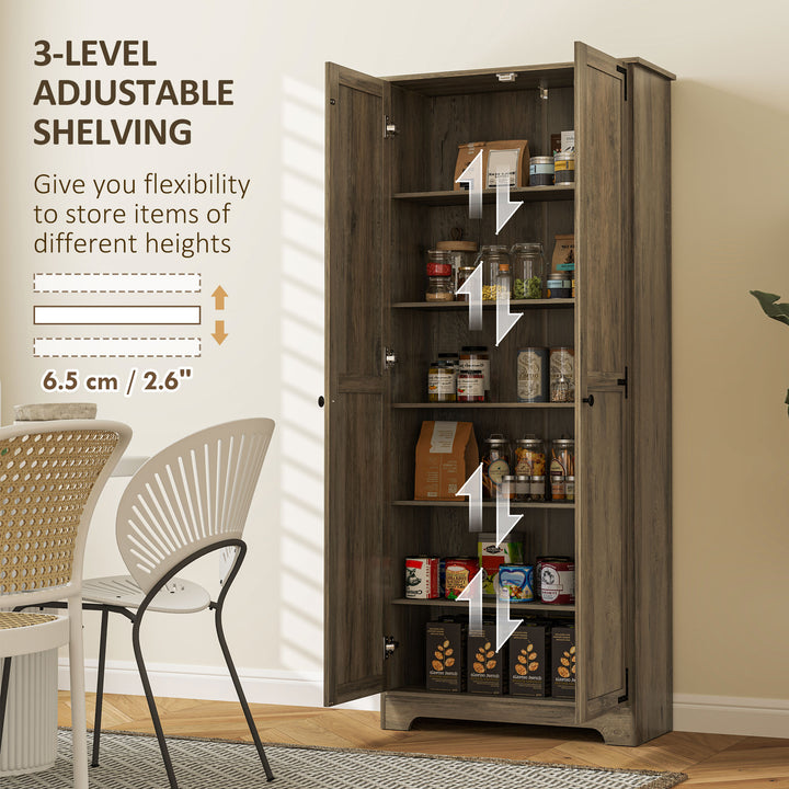 Farmhouse Kitchen Cupboard, Freestanding Kitchen Storage Cabinet with Adjustable Shelves, Tall Storage Cabinet with Recessed Doors, Grey Wood-Effect