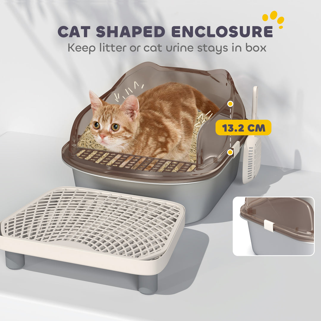 Stainless Steel Litter Box with Lid, High Wall Sided Enclosure, Pedal, Scoop, Non-Sticky, Anti-Leakage, Easy Cleaning