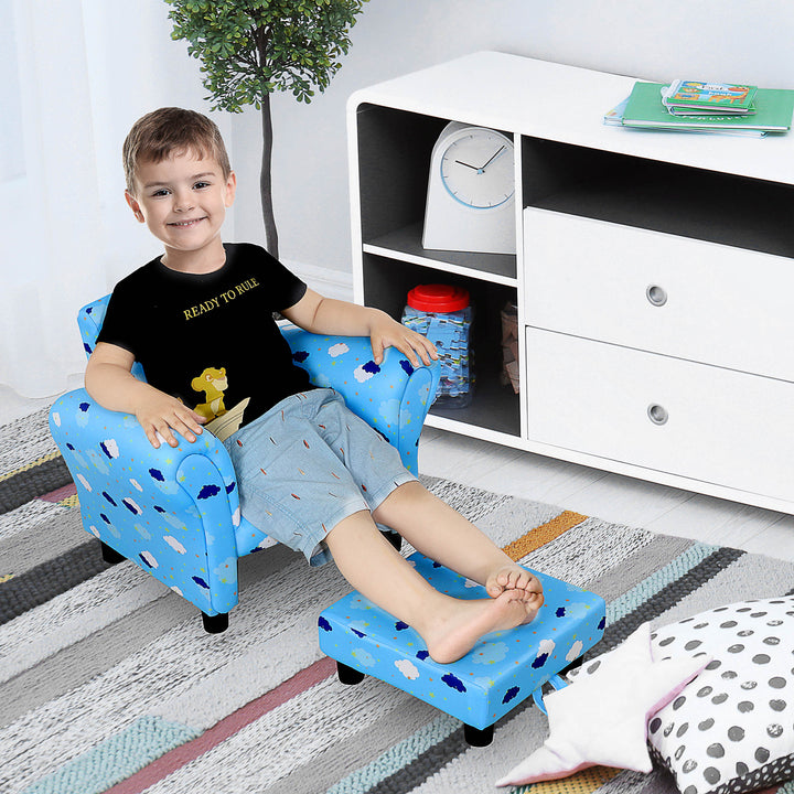 Toddler Chair Children's Armchairs Wood Frame w/ Footrest Anti-Slip Legs High Back Arms for Bedroom Playroom Cute Cloud Star Blue
