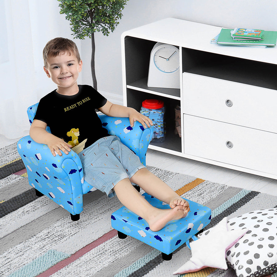 Toddler Chair Children's Armchairs Wood Frame w/ Footrest Anti-Slip Legs High Back Arms for Bedroom Playroom Cute Cloud Star Blue