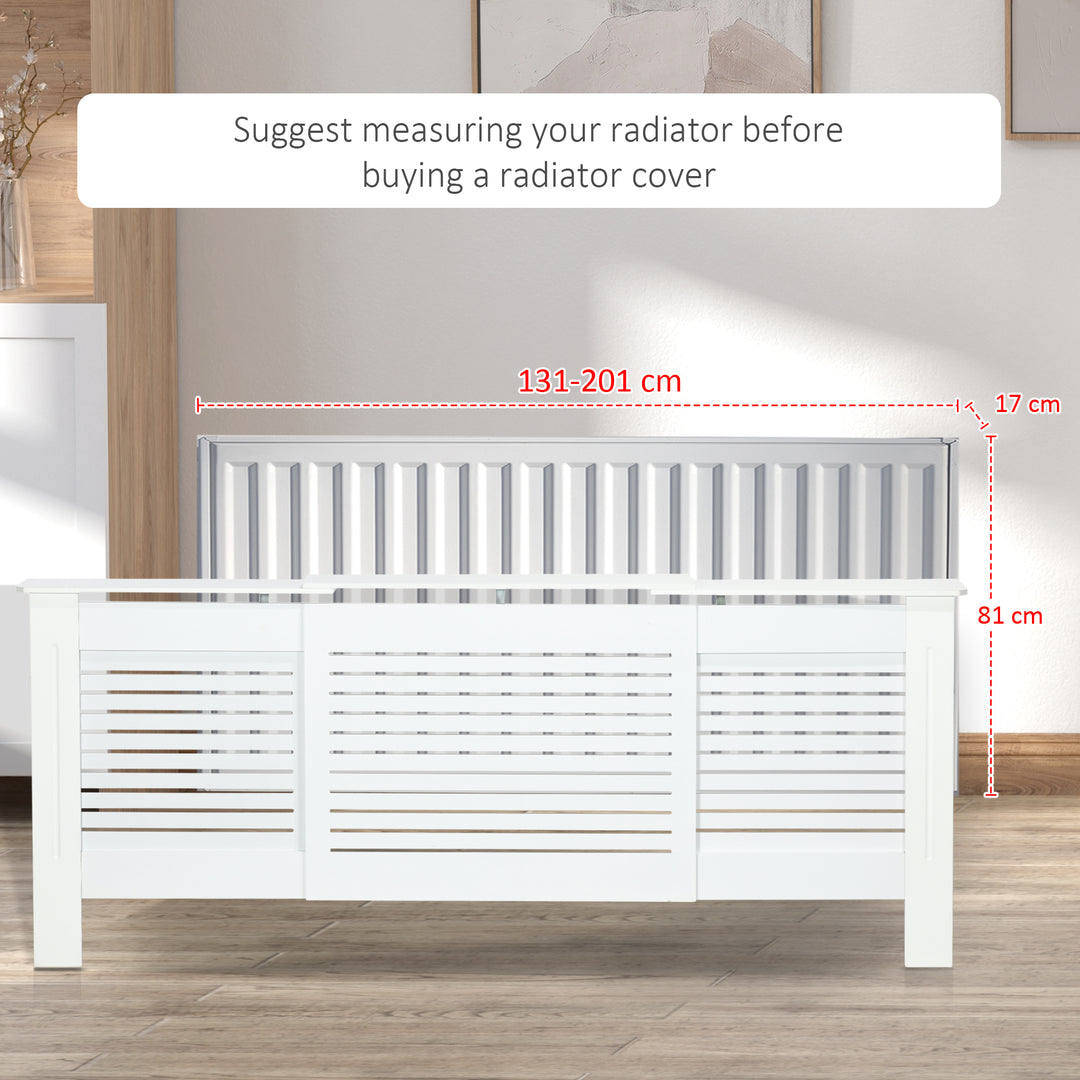 Set of 2 MDF Extendable Radiator Cover with Cabinet Shelving, Home Office Slatted Design, White 139-208.5L x 20.5W x 82.5H cm