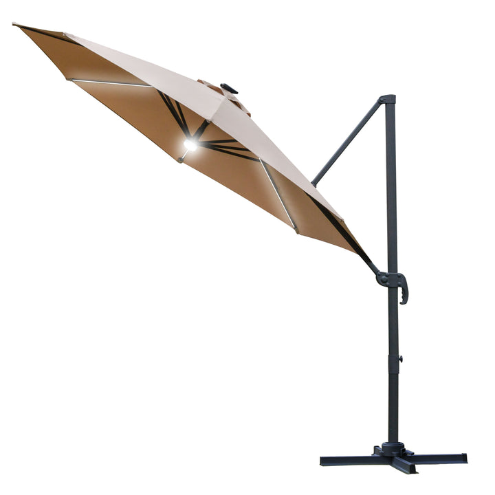 3(m) LED Cantilever Parasol Outdoor Sun Umbrella w/ Base Solar Lights Brown