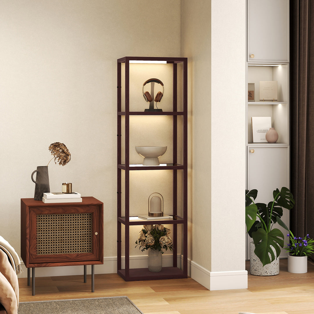 LED Floor Lamp with Glass Shelves, 4 Layers Dimmable Tall Standing Lamp, Modern Column Shelf Floor Light for Living Room, Bedroom, Office, Dark Brown
