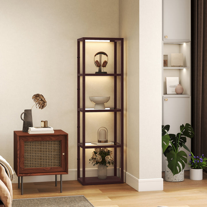 LED Floor Lamp with Glass Shelves, 4 Layers Dimmable Tall Standing Lamp, Modern Column Shelf Floor Light for Living Room, Bedroom, Office, Dark Brown
