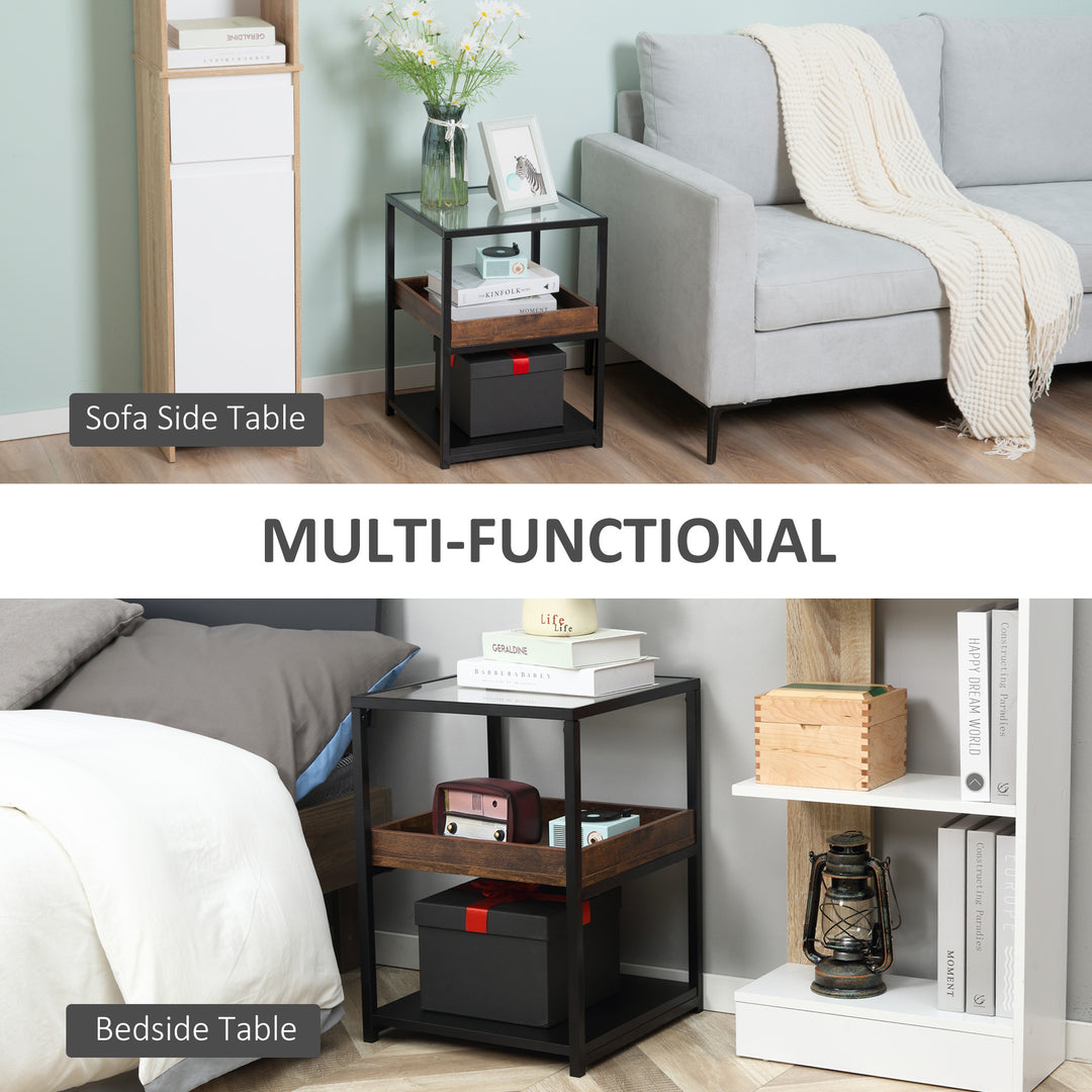 Industrial Side Table, 3-Tier End Table with Glass Top, Storage Shelves, Nightstand with Steel Frame for Bedroom, Living Room, Rustic Brown