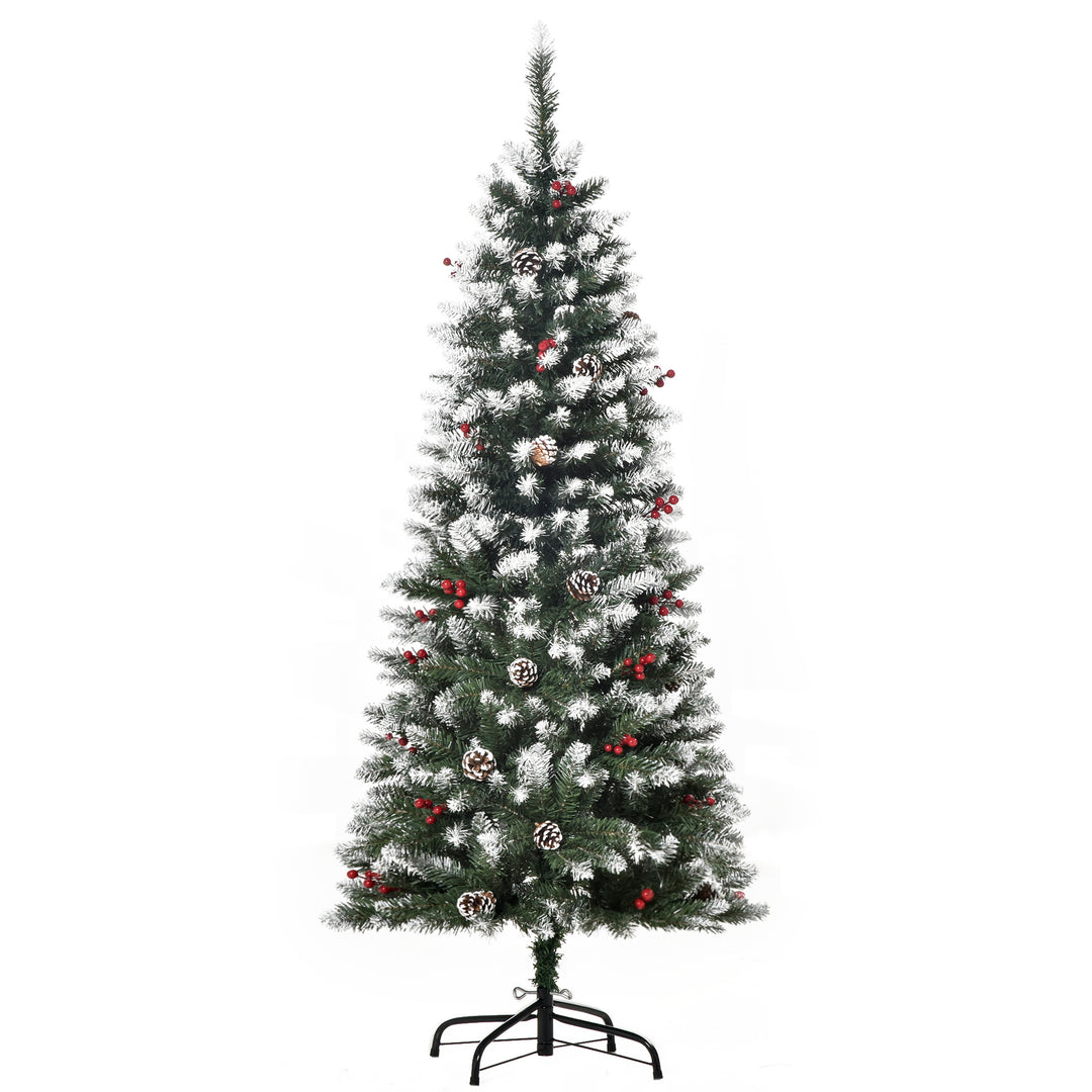 5FT Artificial Christmas Tree Xmas Pencil Tree with Red Berries and Pinecones Holiday Home Indoor Decoration with Foldable Feet, Green