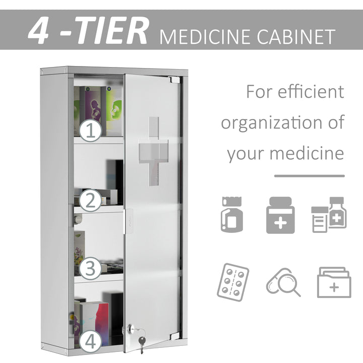 4 Tier Stainless Steel Wall Mounted Medicine Cabinet Glass Lockable Door Storage Shelves Houseware Bathroom Furniture 60Hx30Wx12D(cm) w/2 Keys