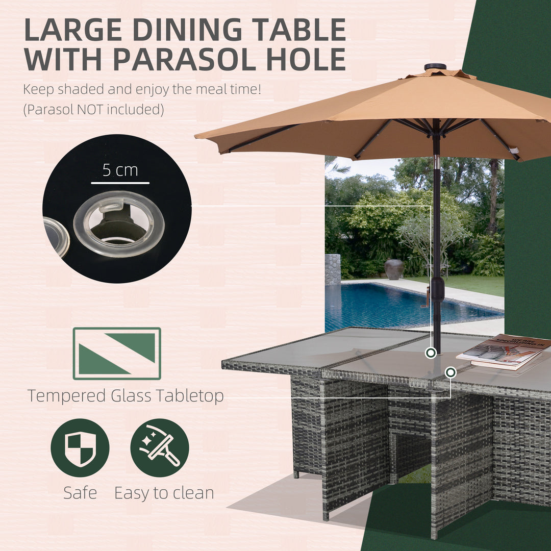 10 Seater Rattan Cube Garden Furniture Set with Parasol Hole, Rattan Dining Set with Cushions, Outdoor Dining Table and Chairs with Rectangular Glass Top Table for Patio, Mixed Grey