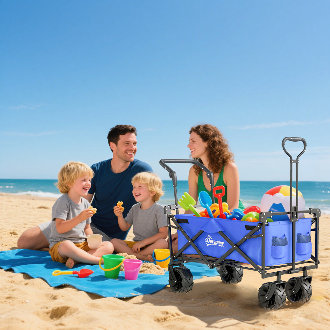Folding Trolley Cart Storage Wagon Beach Trailer 4 Wheels with Handle Overhead Canopy Cart Push Pull for Camping, Blue