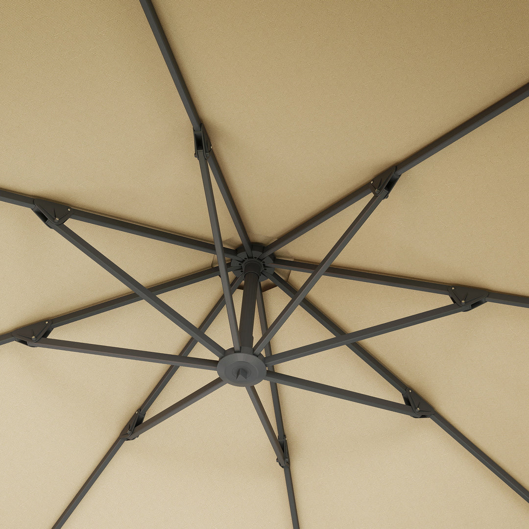 3(m) Garden Cantilever Parasol, Round Overhanging Umbrella with Crank Handle, Cross Base, Aluminium Frame and 360° Rotation, Banana Patio Umbrella for Outdoor Sun Shade, Khaki