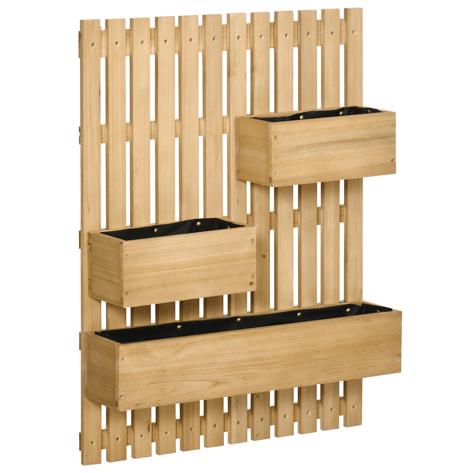 Wall-mounted Wooden Garden Planters with Trellis, Drainage Holes and 3 Planter Boxes for Patio, Natural