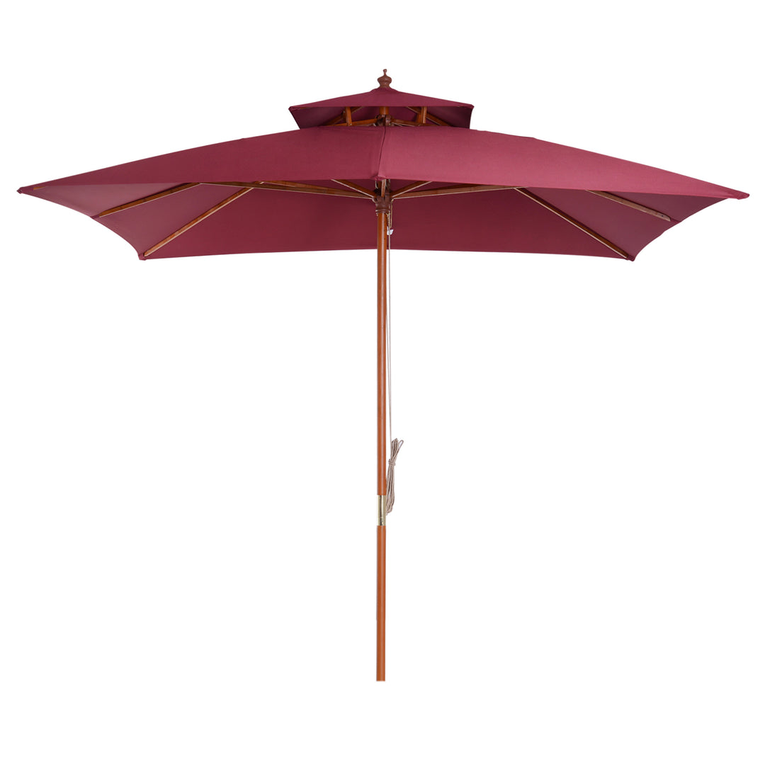 3 x 3(M) Garden Parasol Umbrella Sunshade, Outdoor Wooden Parasol with Double Tier Canopy, Wine Red