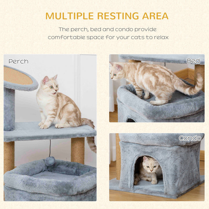 PawHut Cat Tree Tower Kitten Activity Center with Scratching Posts Pad Condo Perch Bed Interactive Ball Toy 48 x 48 x 84cm, Grey | Aosom UK