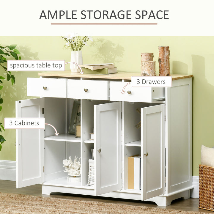 Sideboard with Rubber Wood Top, Modern Storage Cabinet, Kitchen Cupboard with 3 Doors, 3 Drawers and 3 Adjustable Shelves for Dining Room, Living Room, White