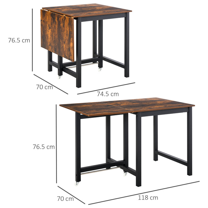 Folding Dining Table, Industrial Drop Leaf Table with Wheels and Metal Frame for Kitchen, Dining Room, Space Saving, Rustic Brown