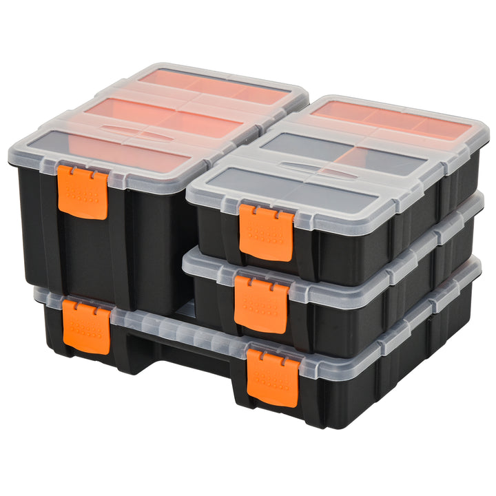 MCL Set Of 4 Plastic DIY Tool Storage Boxes w/ Inside Dividers Locking Lids Home Garage Organisation Stacking Arts Crafts Bolts Black Orange