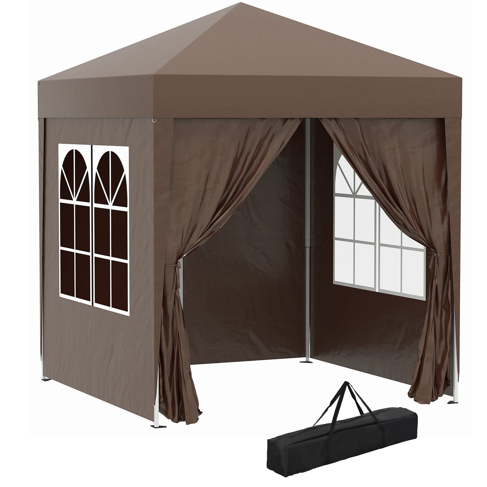 2 x 2 m Garden Pop Up Gazebo, Wedding Party Tent Marquee, Water Resistant Awning Canopy with Sidewalls, Windows, Carry Bag, Coffee
