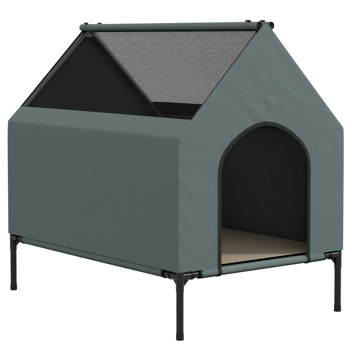 Dog House Outdoor Elevated Dog Bed with Removable Cover, Mesh Windows, Storage Bag, for S and M-Sized Dogs