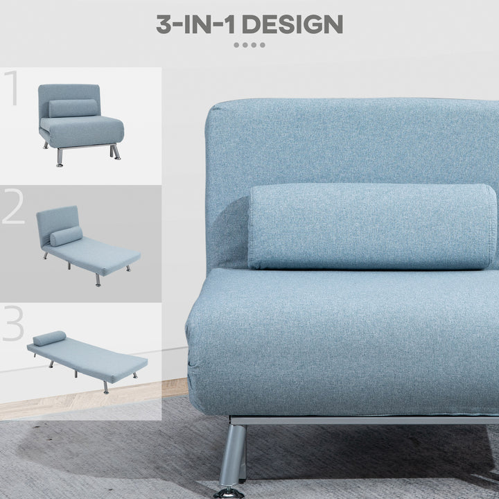 Linen Chair Bed, 3-in-1 Convertible Sleeper Chair with Adjustable Backrest, Pillow, for Living Room, Bedroom, Sky Blue