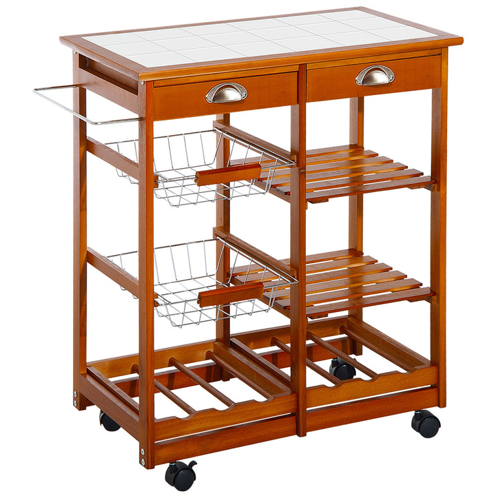 Rolling Kitchen Island Trolley Cart Drawer Shelves Basket Wheels W/ 6 Bottle Wine Rack, Honey Colour