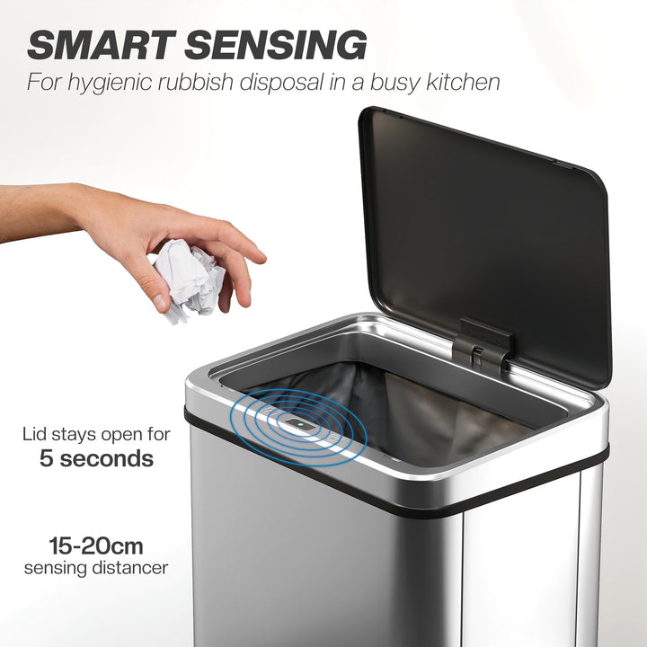 MCL 50L Sensor Bin with Quiet Soft-Close Lid, Automatic Touchless Motion Sensor Kitchen Bin with Fingerprint Resistant Stainless Steel for Hygienic Gyms, Home Office Use, Silver Tone
