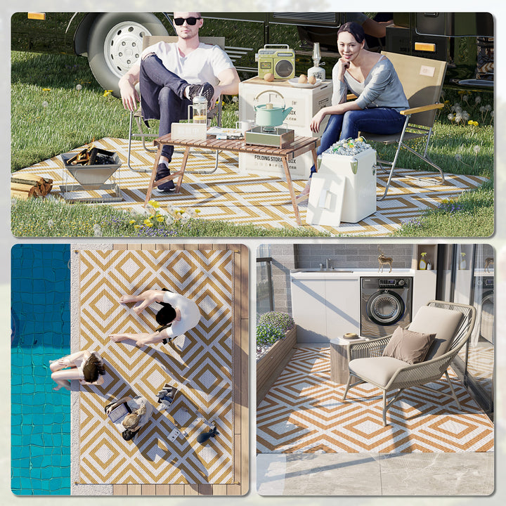 Reversible Outdoor Rug, Plastic Straw Mat w/ Carry Bag Ground Stakes for Garden RV Picnic Beach Camping 182x274cm Brown