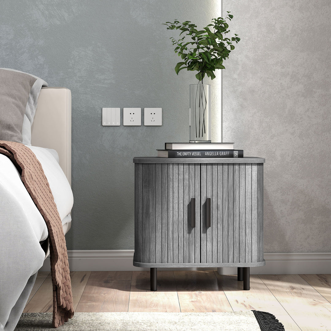 Bedside Table, Nordic Side Table with Roller Shutter Style Sliding Doors and Metal Legs for Bedroom, Living Room, Grey