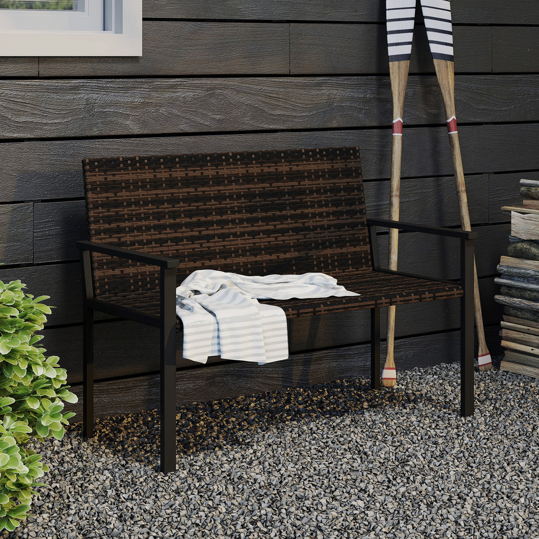 2 Seater Rattan Garden Bench, Outdoor Bench with Quick-Drying Cotton Padding, Wicker Garden Loveseat with Armrests, Steel Frame for Patio, Park, Mixed Brown