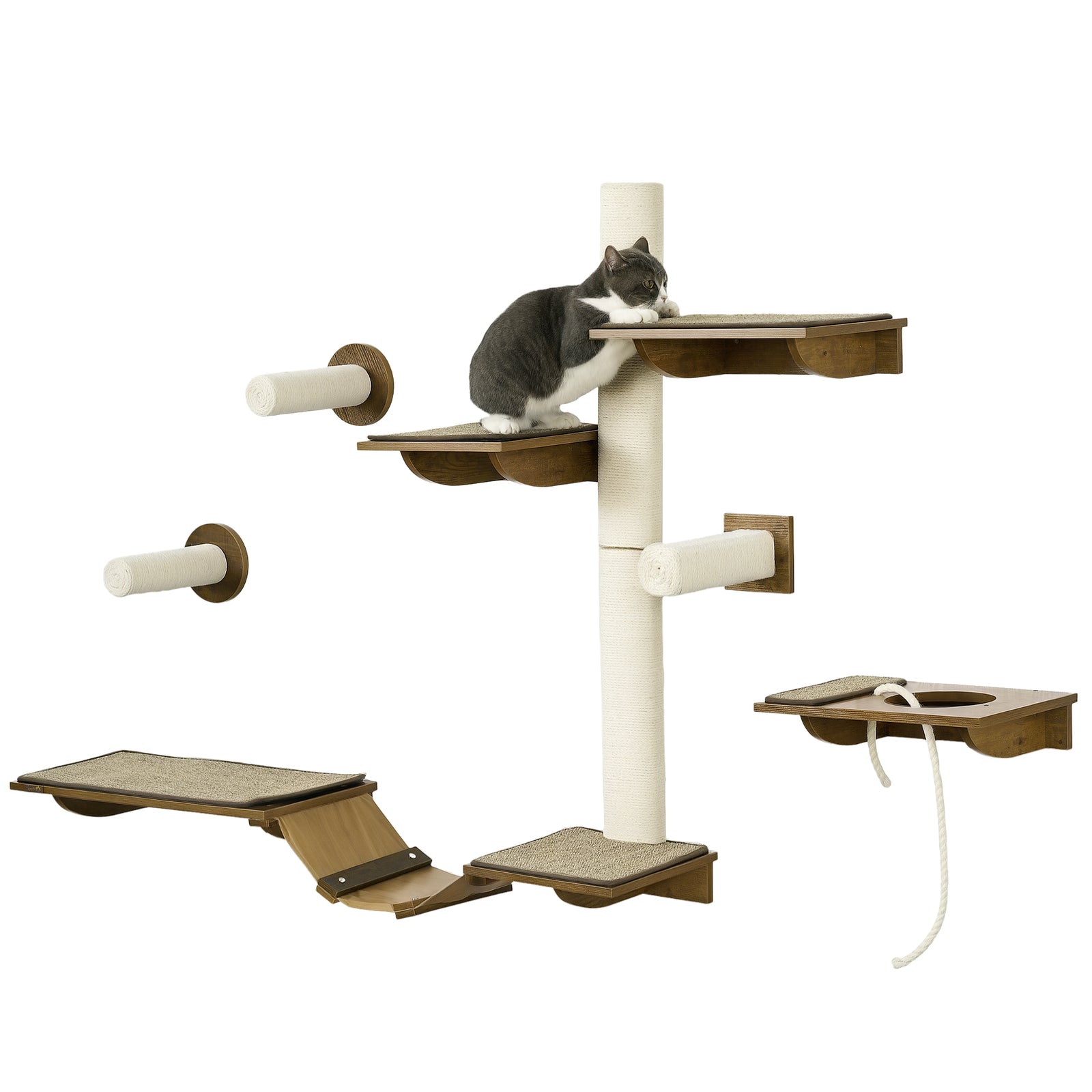 8Pcs Wall Mounted Cat Tree with Scratching Posts, Perches, Ladder, for Sleeping, Playing, Lounging - Brown