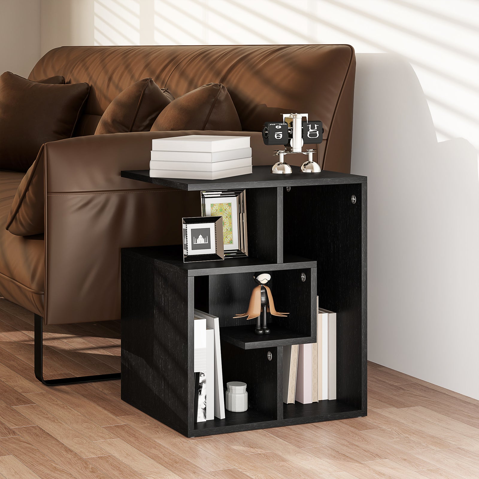 Side Table, 3 Tier End Table with Open Storage Shelves for Living Room, Bedroom, Black