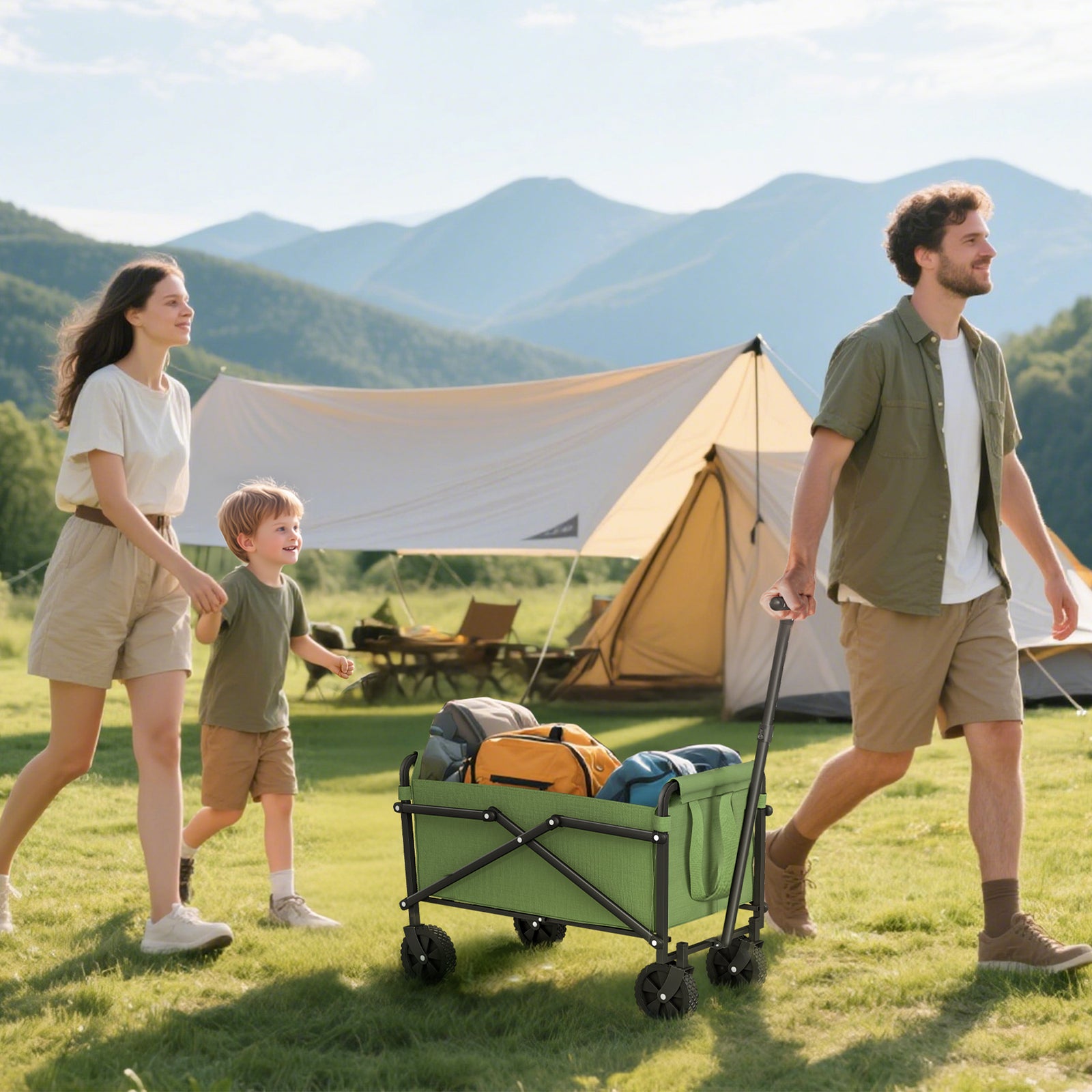 41L Festival Trolley on Wheels, Small Garden Folding Trolley Cart, 60kg Heavy Duty Collapsible Folding Wagon with Adjustable Handle and Carrying Bag for Beach, Camping, Festival, Green