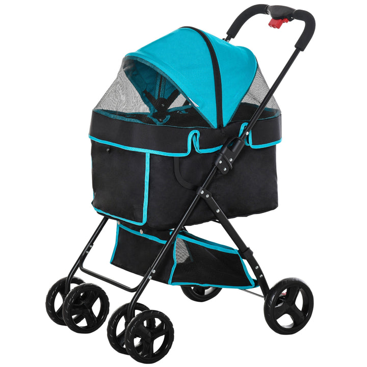 PawHut Dog Stroller Dog Pram Cat Stroller with Cup Holder, Bottom Storage Pocket & Zipper to Keep Your Pet Strapped in, Black & Blue | Aosom UK