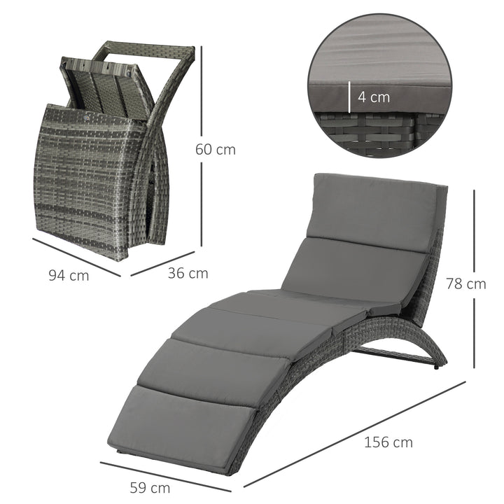 Outdoor Foldable PE Rattan Sun Lounger with Soft Padded Cushion, Ergonomic Curved Design Sun Bed for Balcony, Garden, Grey